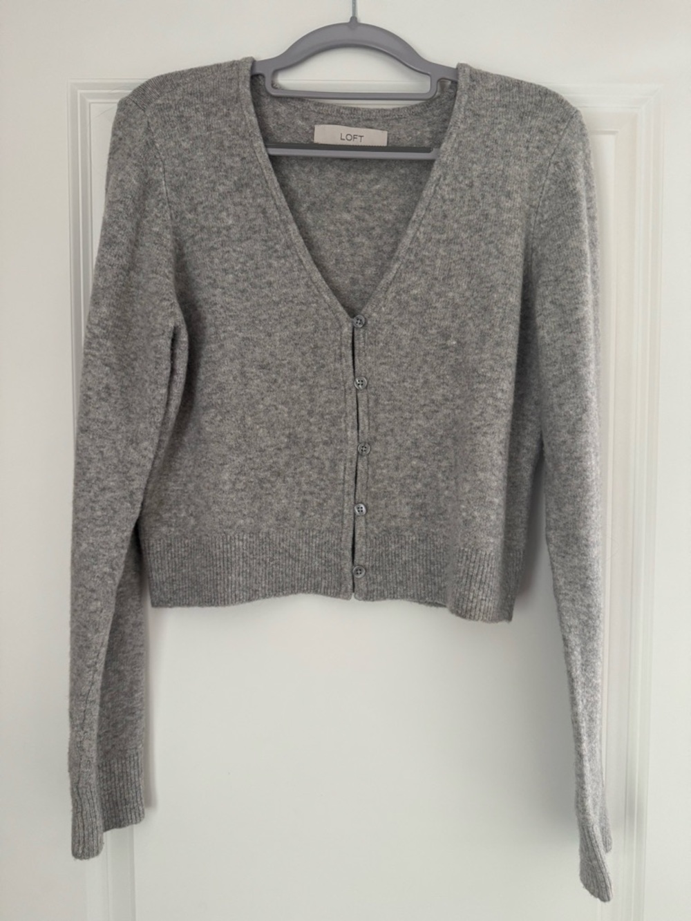 LOFT Light Gray V-Neck Button-Front Ribbed Sweater - Picture 2 of 4